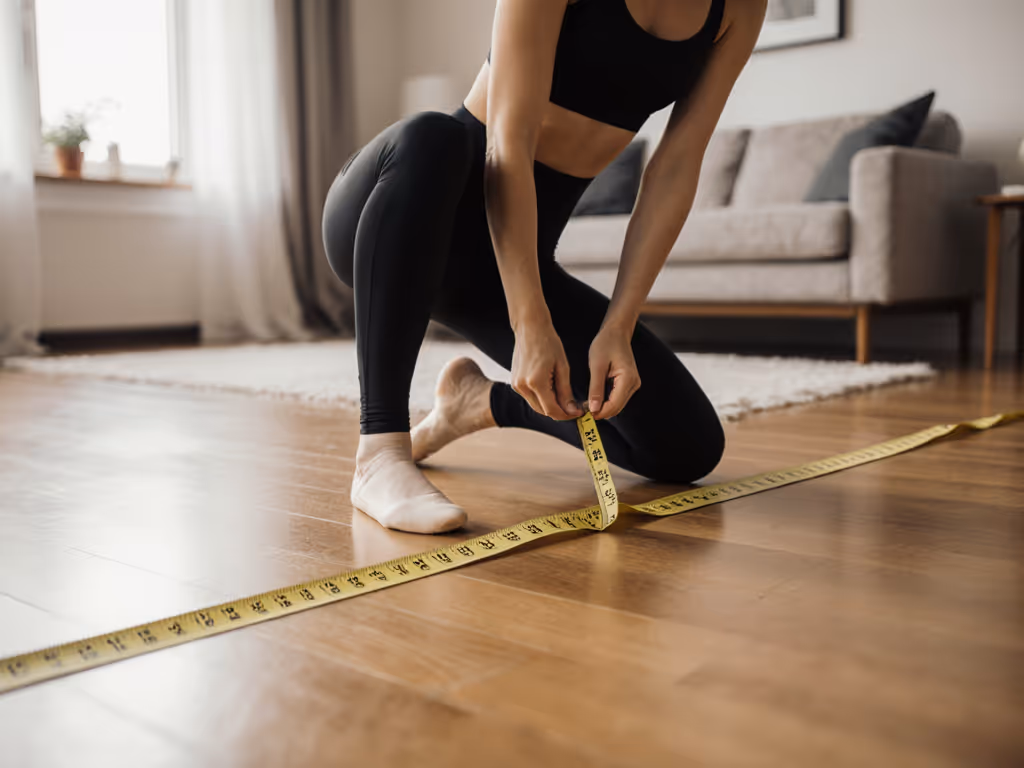 dancer_measuring_stride_length_with_tape_measure_on_living_room_floor